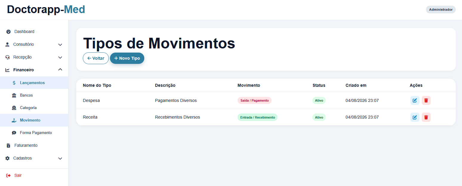 Tipos de Lançamento Financeiro