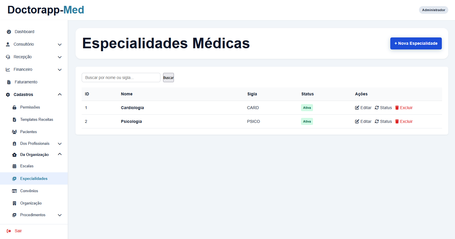 Cadastro de Especialidades Médicas