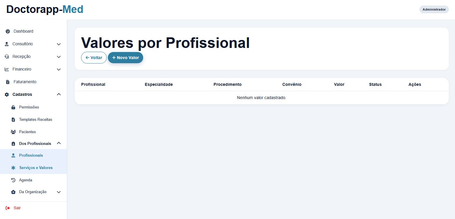 Tabela de Serviços e Valores por Profissional